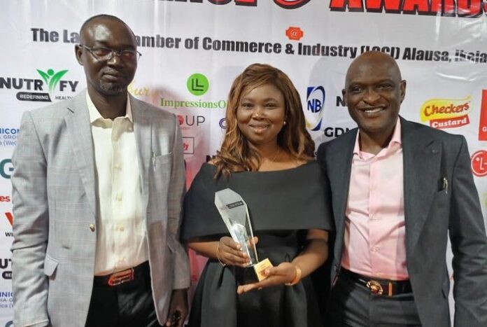 L – R: Co-converner, MediaConsortium Conference and Awards, Adetunji Faleye; Pasta Brand Manager, FMN, Rachel Ekeh and Group Executive Director, Omnicom Media Group, WECA, Yinka Adebayo at the MediaConsortium Conference and Awards 2.0 held on Thursday, September 26, 2024, at Lagos Chamber of Commerce and Industry Alausa, Ikeja.